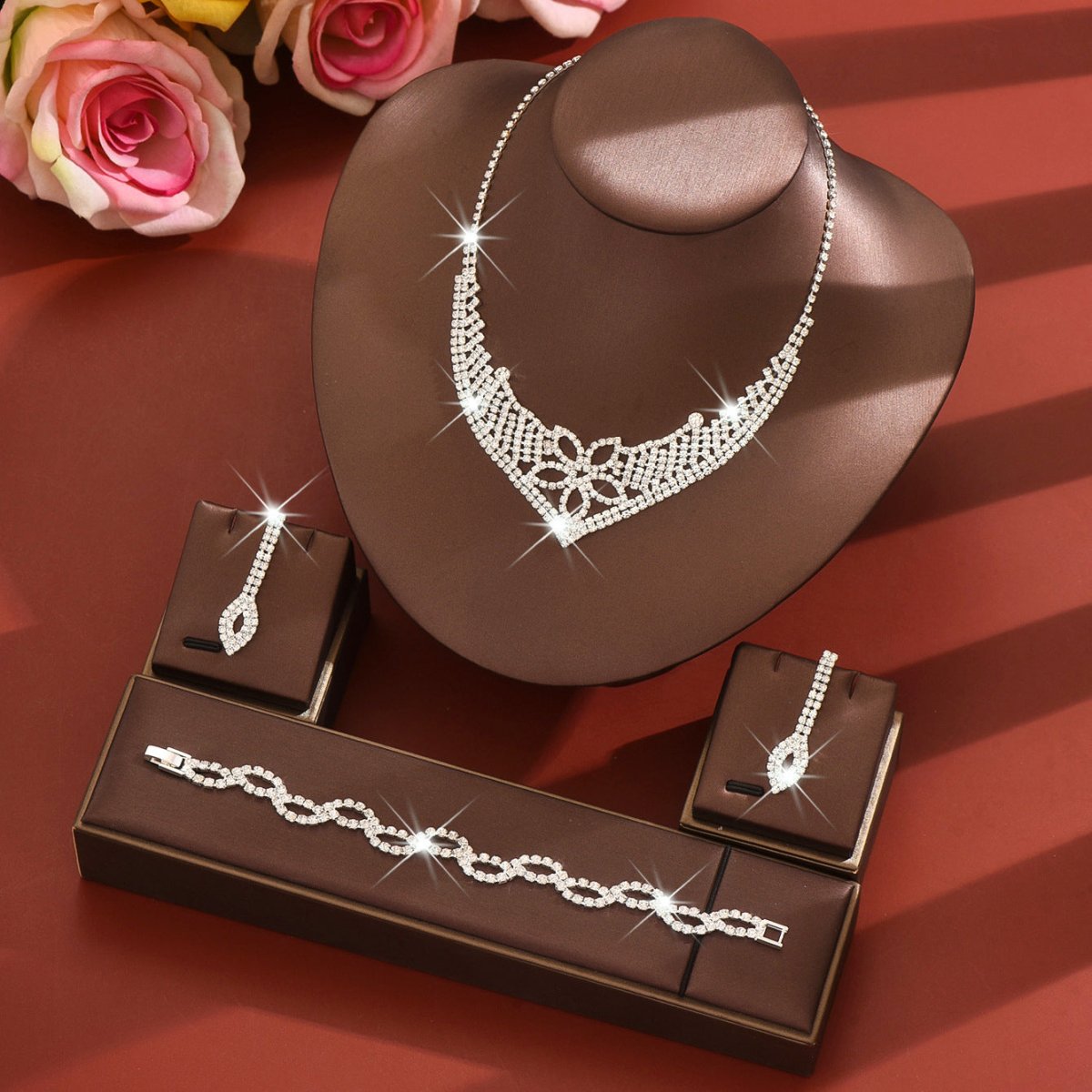 Mariam's Collection Sparkling Rhinestone Trio Earrings Necklace Bracelet Collection (MAC315) — construction detail