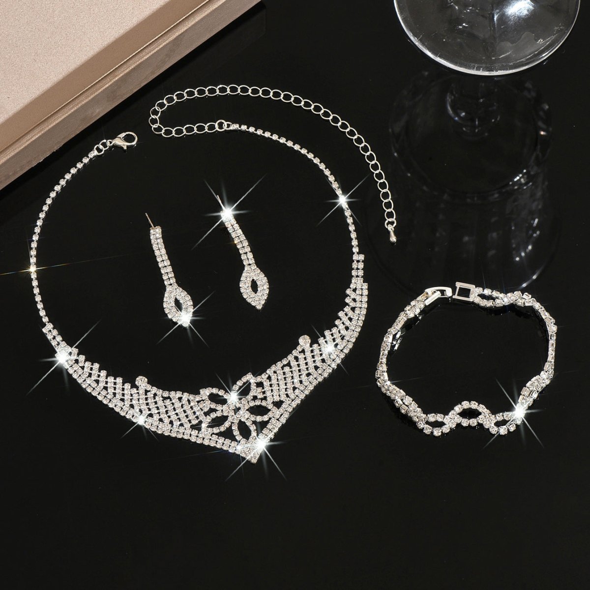 Mariam's Collection Sparkling Rhinestone Trio Earrings Necklace Bracelet Collection (MAC315) — detail shot 7