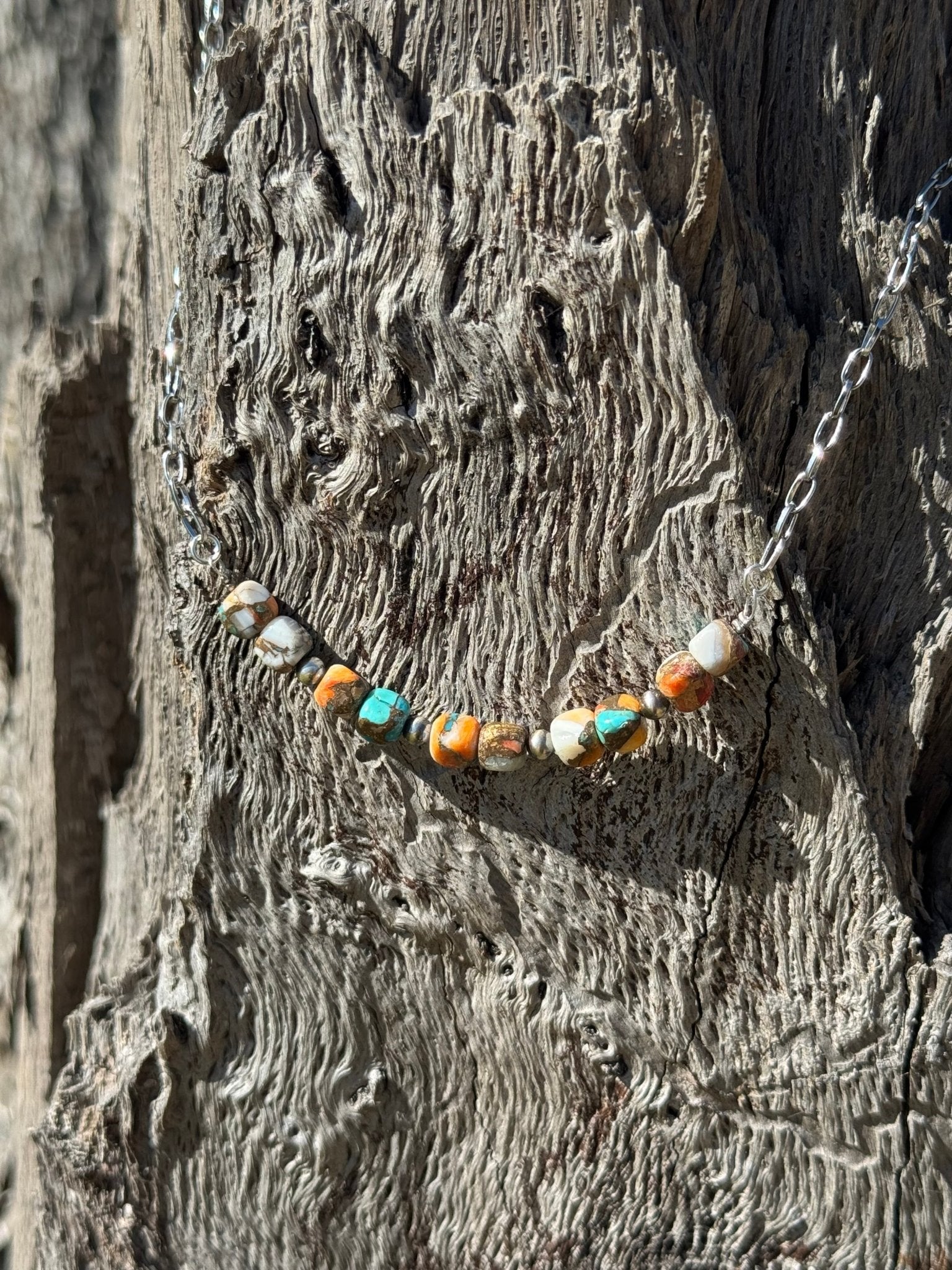 Wild Junkie Spiny Oyster Turquoise Beaded Chain Necklace — back view