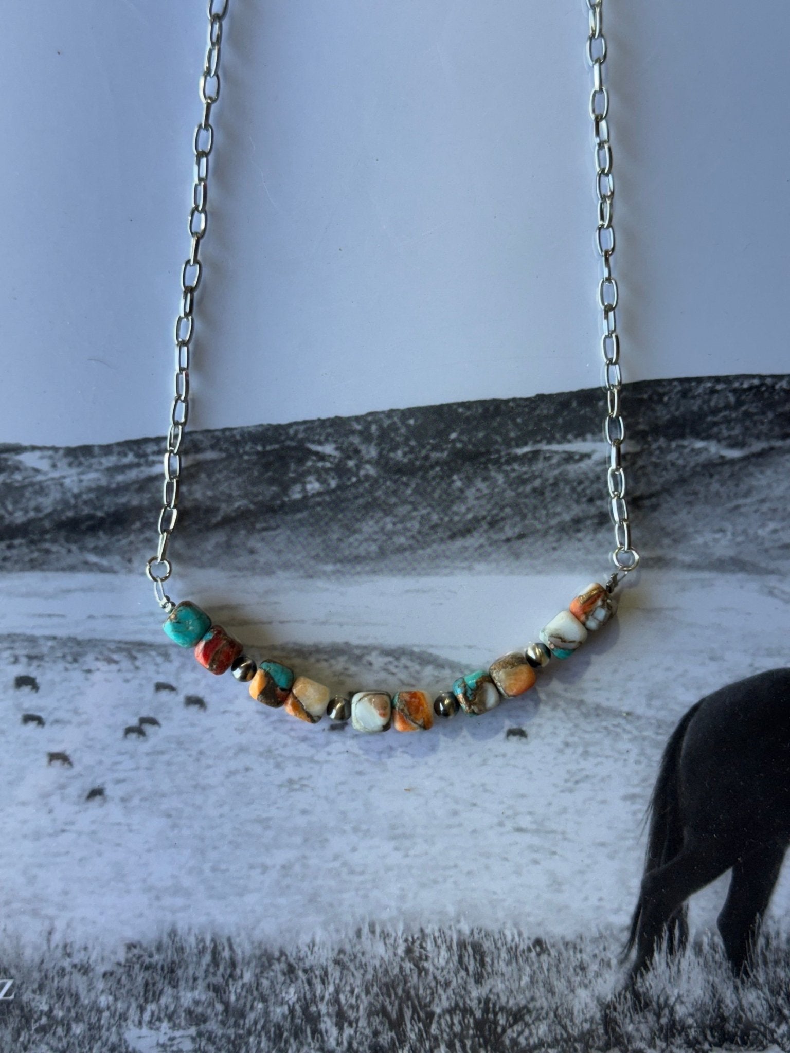 Wild Junkie Spiny Oyster Turquoise Beaded Chain Necklace — lifestyle context