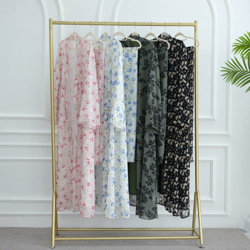 Spring Summer Floral Print Chiffon Cardigan | Double-Layer Modest Cover-Up Abaya (MOA170)