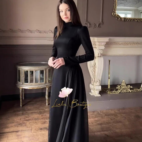 Spring Temperament Black Maxi Dress And Elegant High Neck Long Sleeve Dress with Floral Accent (MA220)