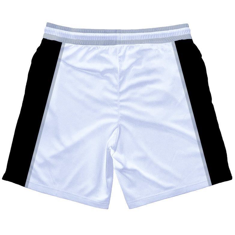 Bigger Than Basketball Hardwood Classics - Shorts - White — Bigger Than Basketball branding close-up