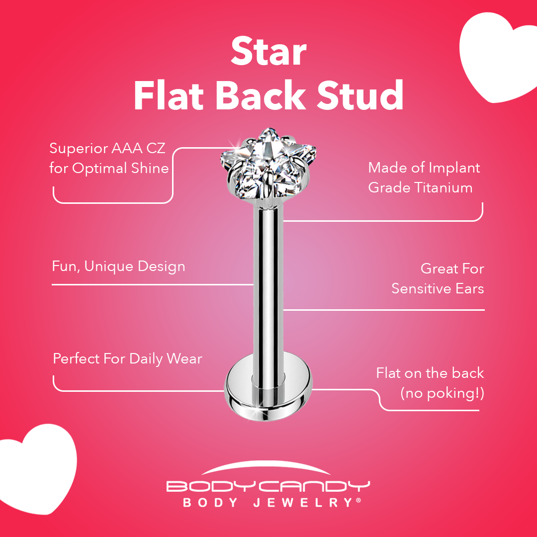 BodyCandy 20G 5/16 3mm CZ Star Medical Grade Titanium Flat Back Earring — detail close-up