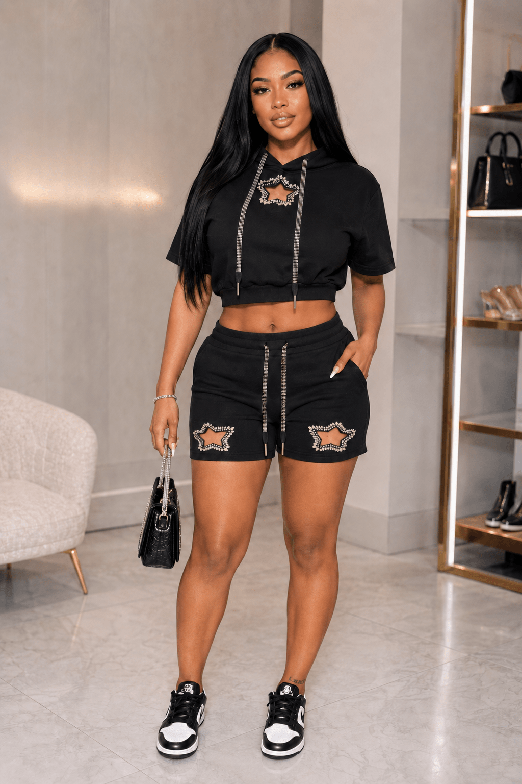 Starlet Bling Star Short Set – Rhinestone Hoodie & Shorts Two-Piece Outfit