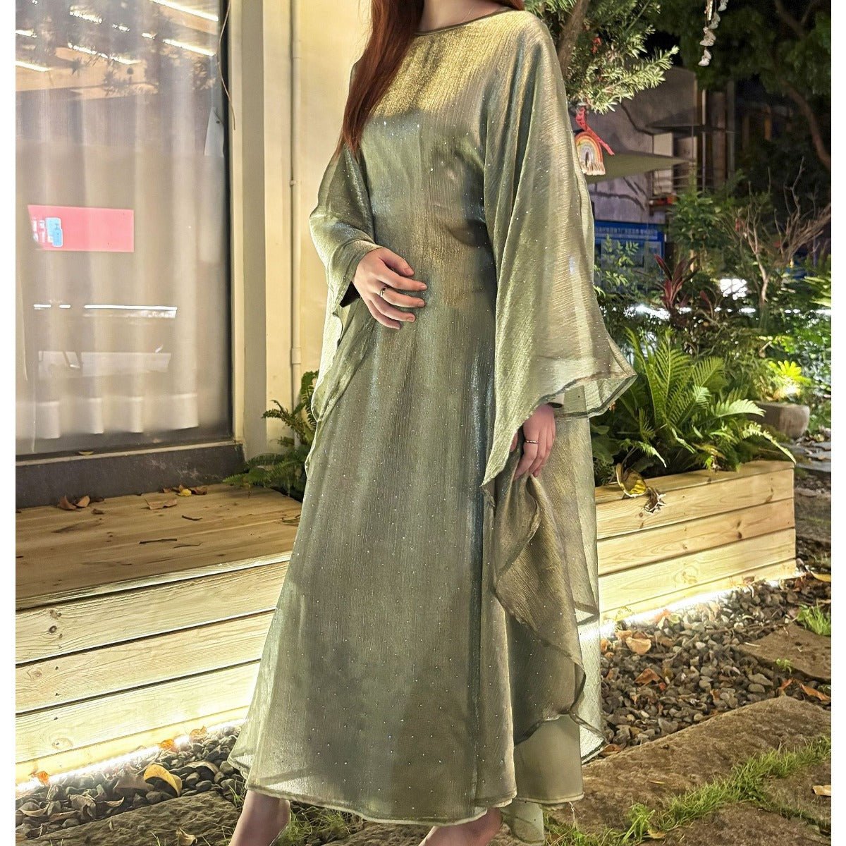 Mariam's Collection Olive Green Sequin Abaya Dress | Starry Night 2-Piece Maxi Dress with Flowing… — lifestyle worn / used context