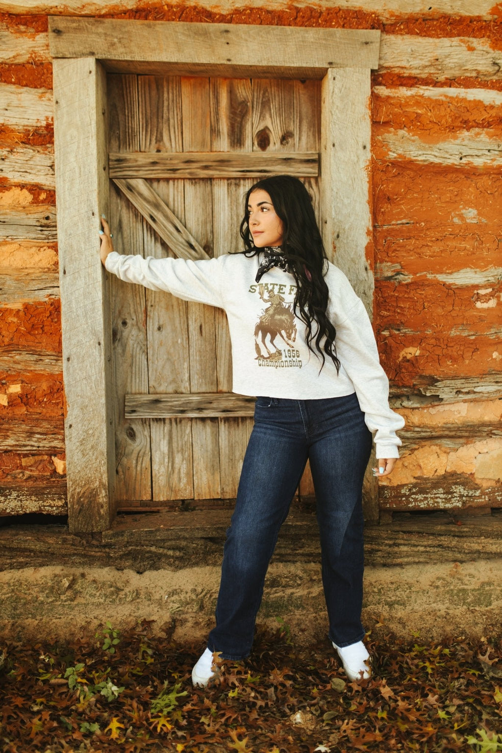 Wild Junkie State Fair Rodeo Raw Hem V-Neck Crop Graphic Sweatshirt — lifestyle context
