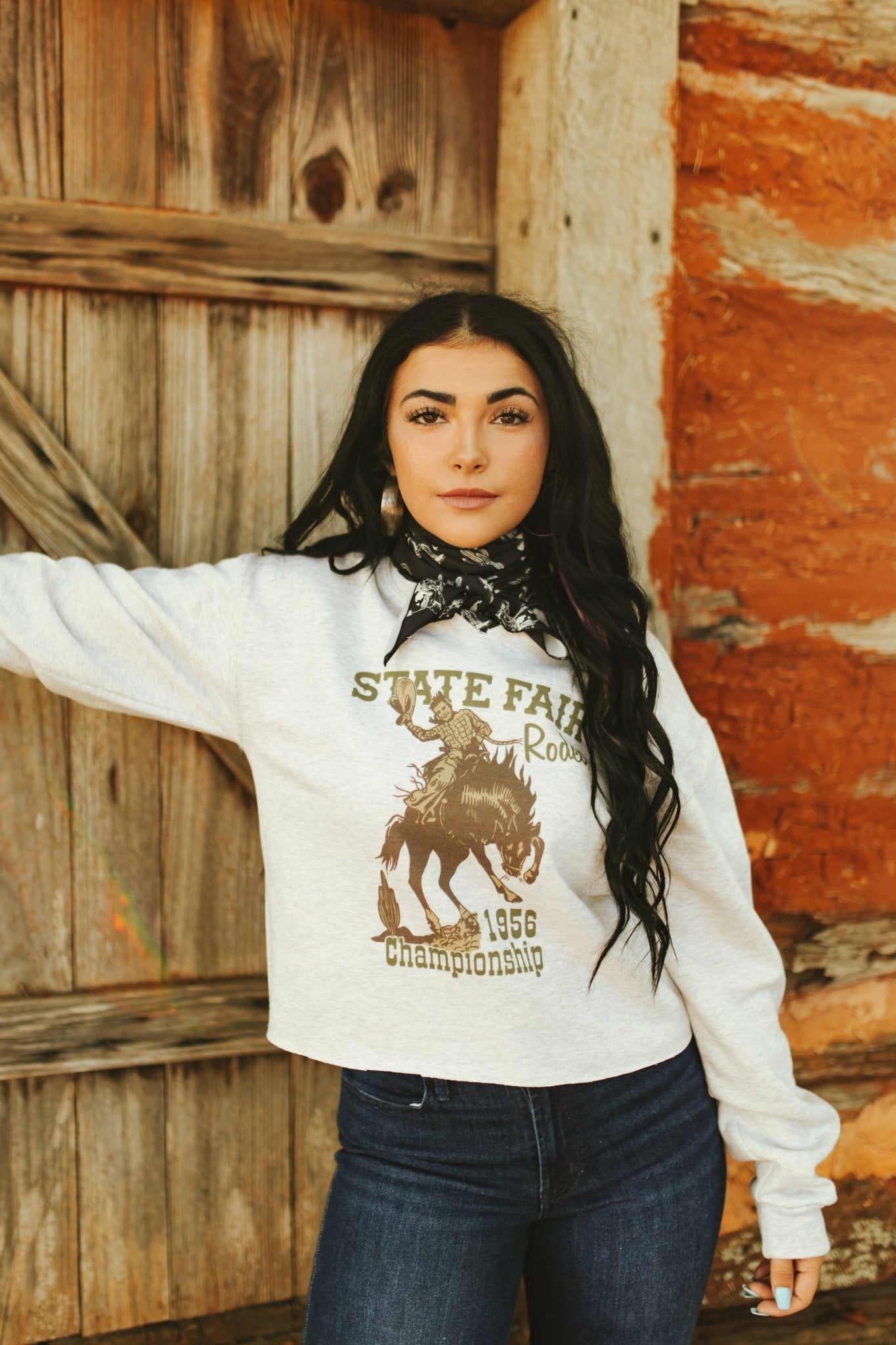 Wild Junkie State Fair Rodeo Raw Hem V-Neck Crop Graphic Sweatshirt — main product shot