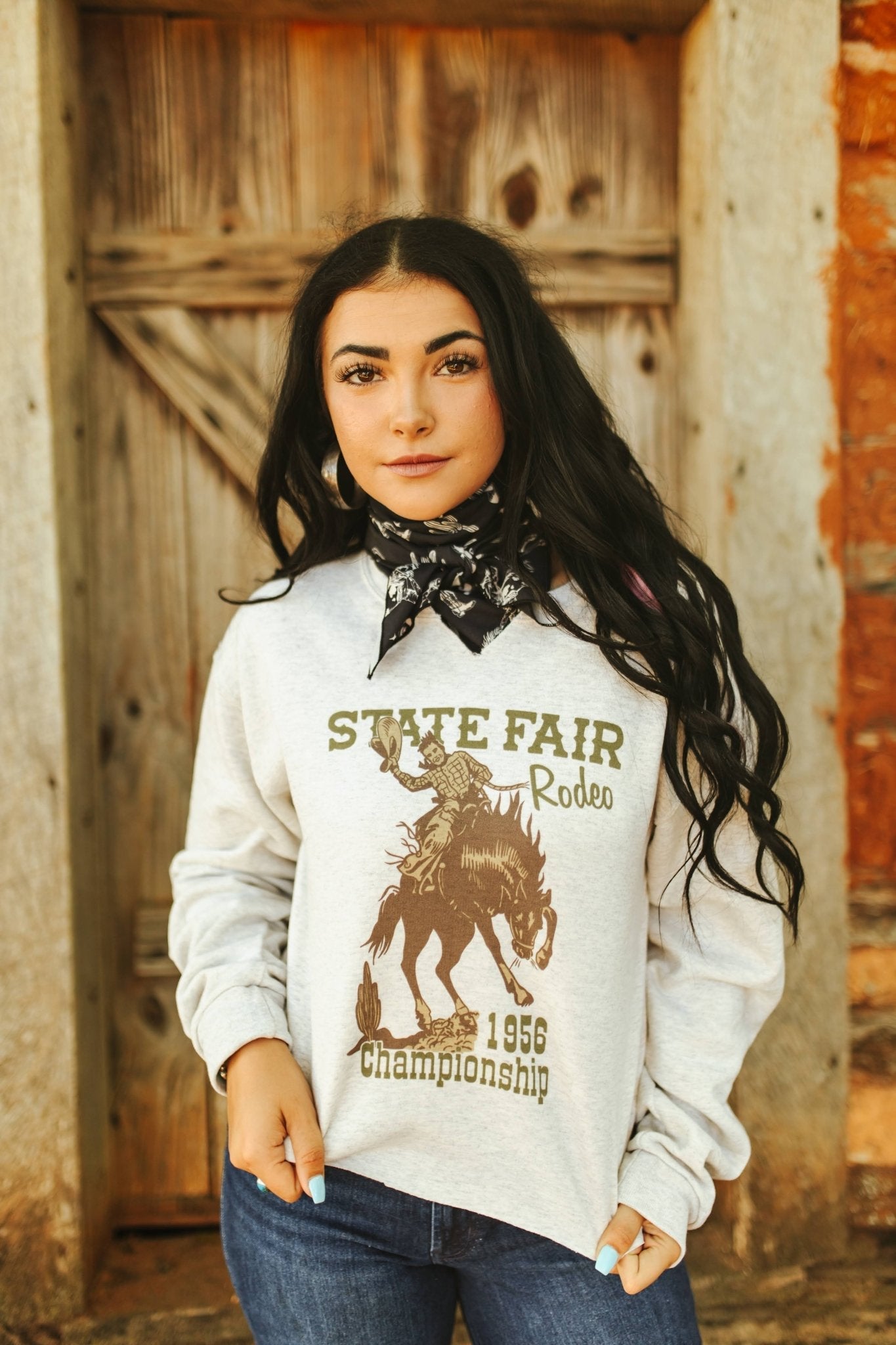 Wild Junkie State Fair Rodeo Raw Hem V-Neck Crop Graphic Sweatshirt — back view