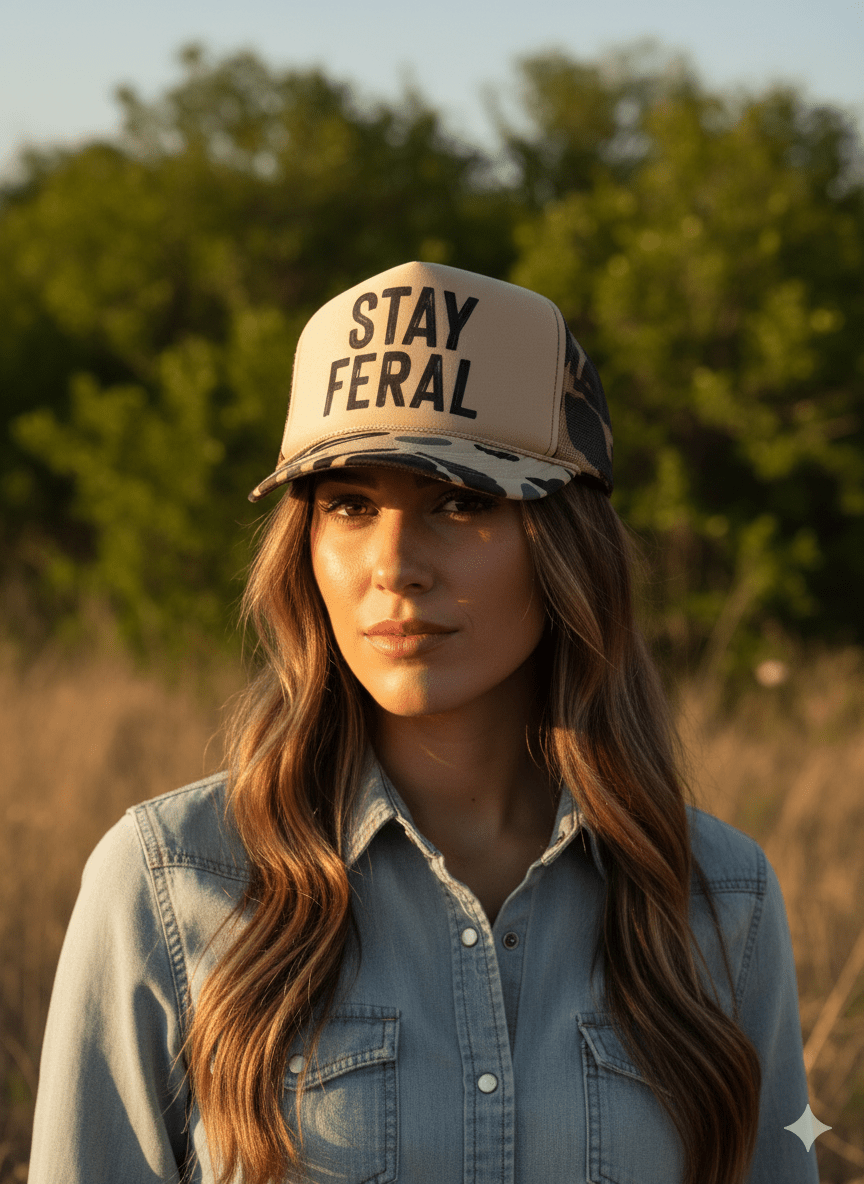 Wild Junkie Stay Feral Camo Trucker Hat — construction detail
