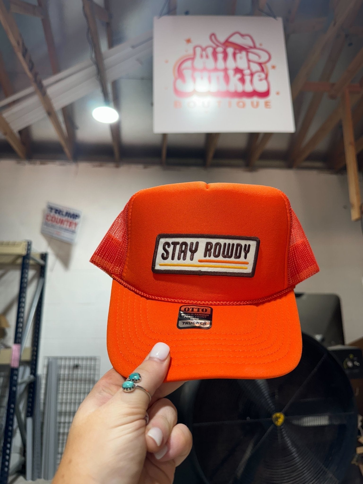 Wild Junkie Stay Rowdy Trucker Hat — detail close-up