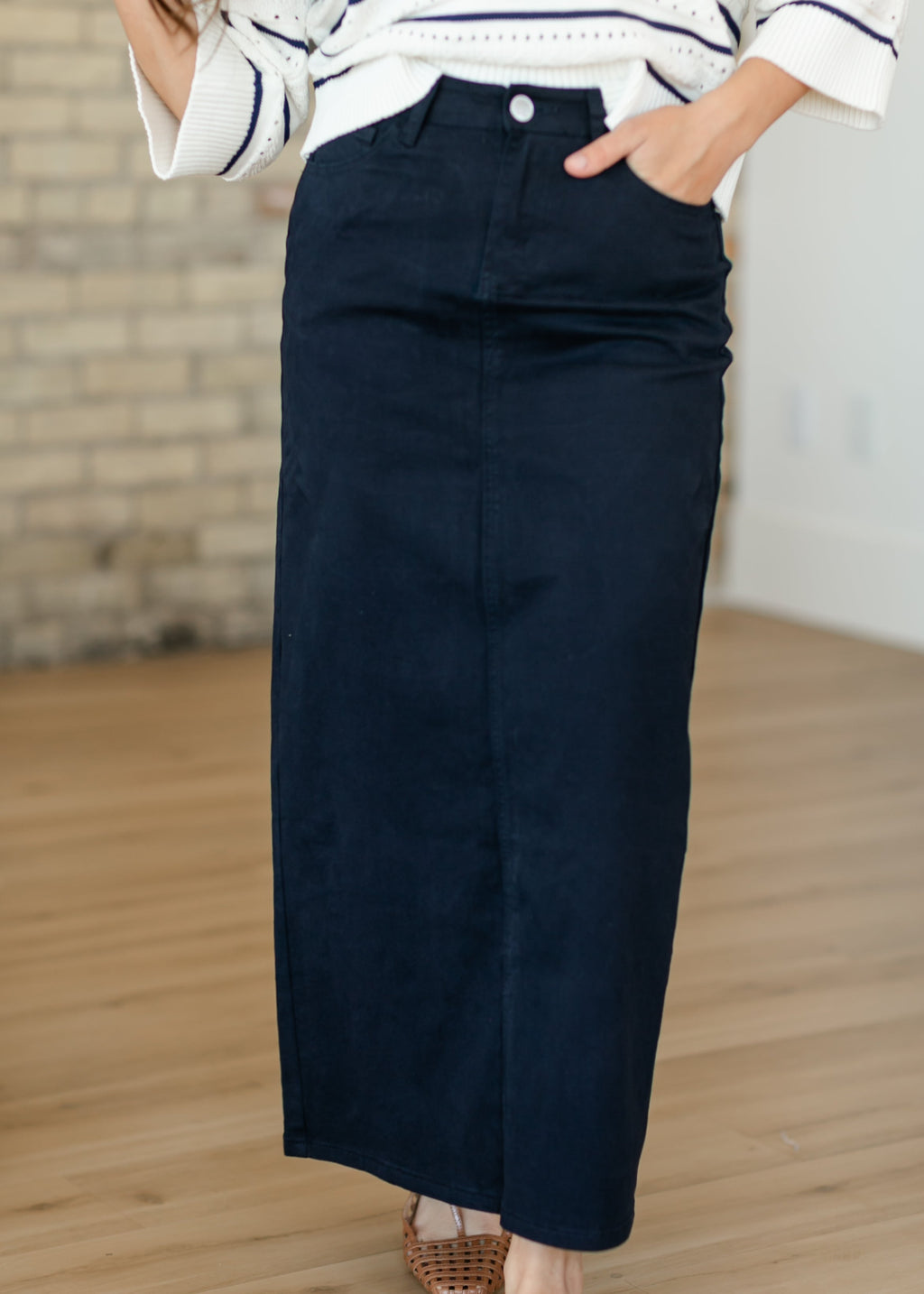 Inherit Co. Stella Navy Maxi Denim Skirt — comparison shot