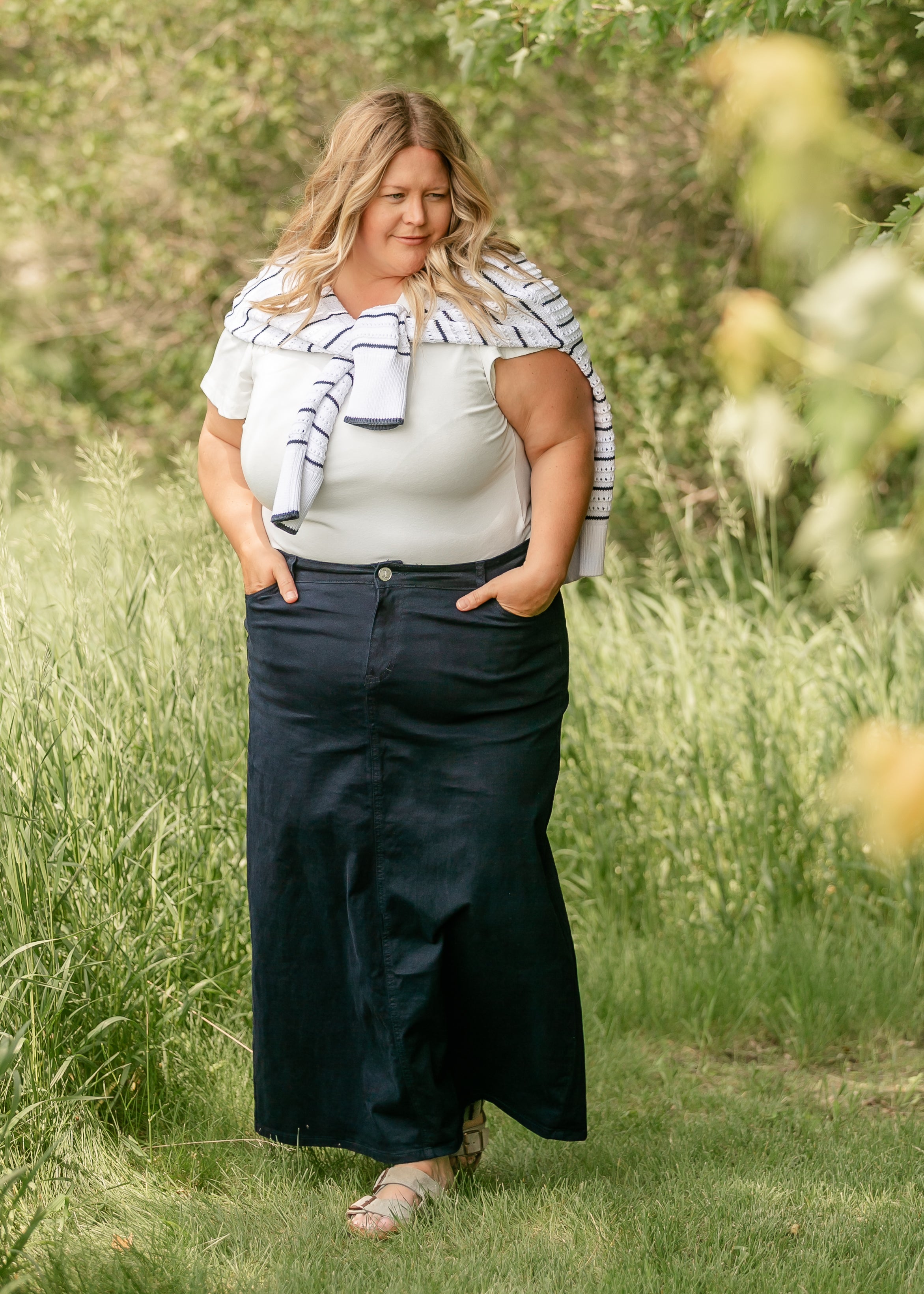 Inherit Co. Stella Navy Maxi Denim Skirt — size reference