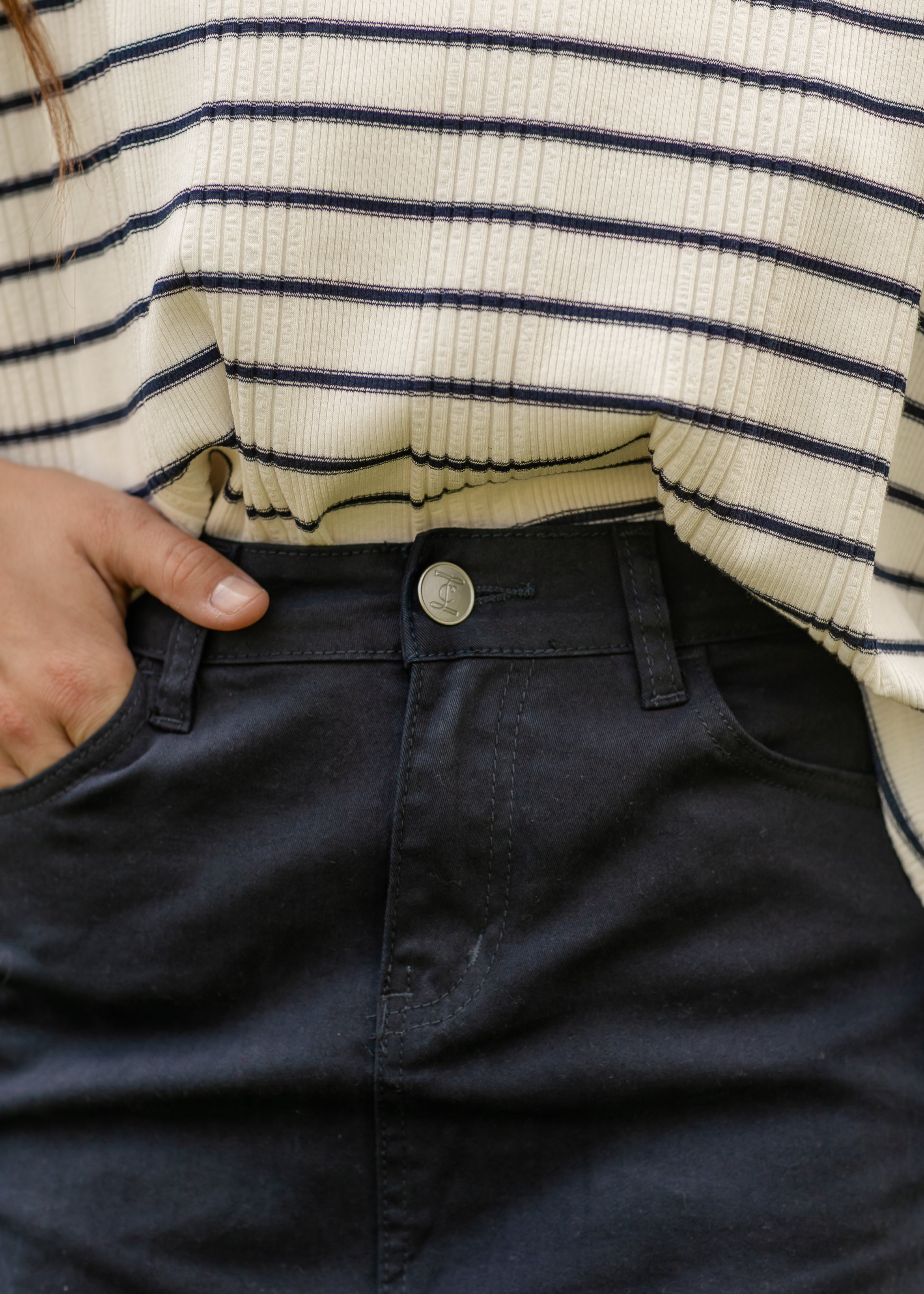 Inherit Co. Stella Navy Maxi Denim Skirt — in-use photo