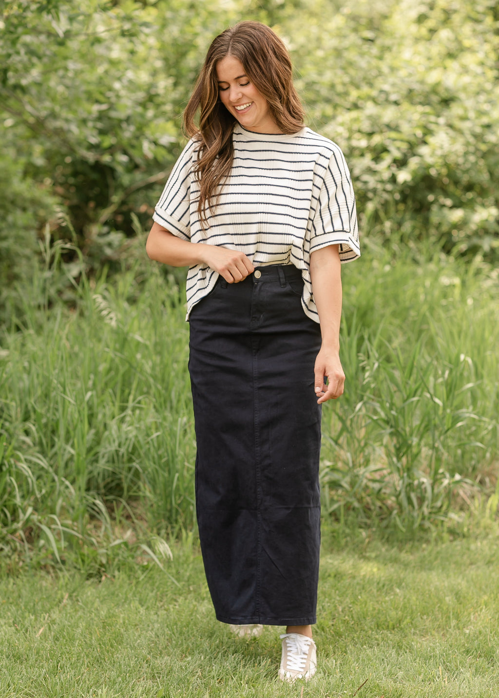 Inherit Co. Stella Navy Maxi Denim Skirt — detail close-up