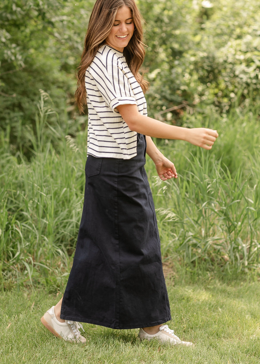 Inherit Co. Stella Navy Maxi Denim Skirt — back view