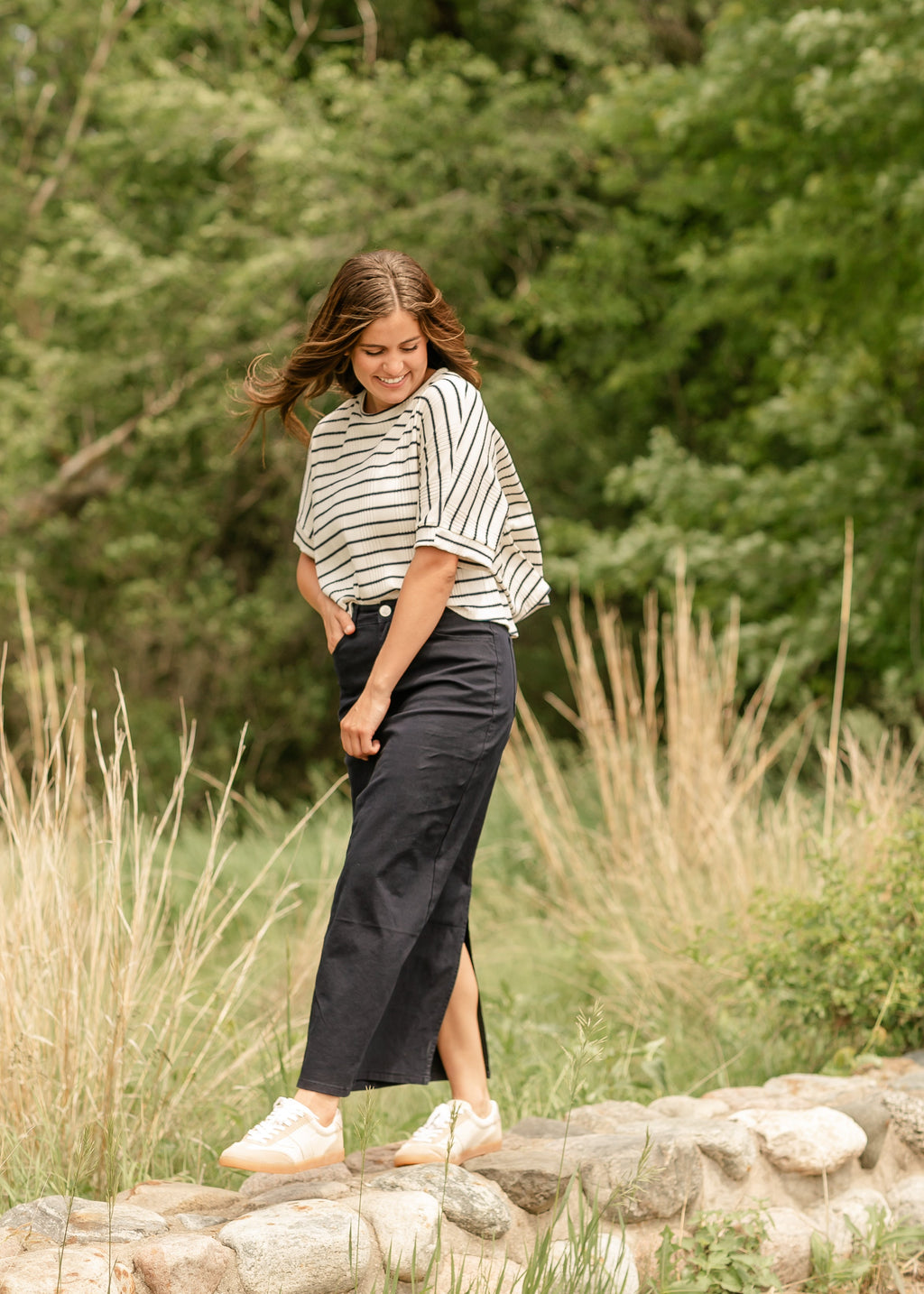 Inherit Co. Stella Navy Maxi Denim Skirt — side view