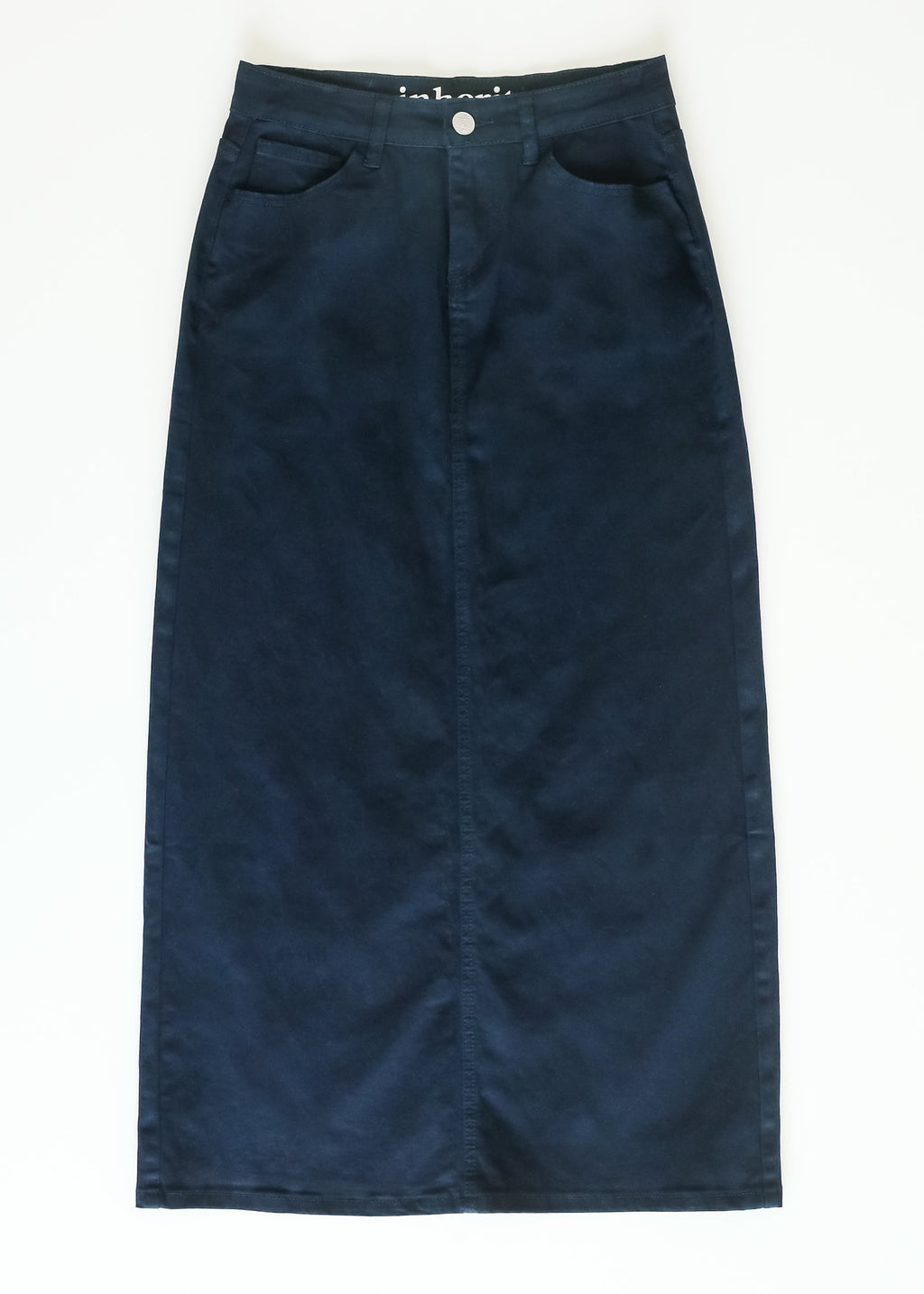 Inherit Co. Stella Navy Maxi Denim Skirt — fabric or material detail