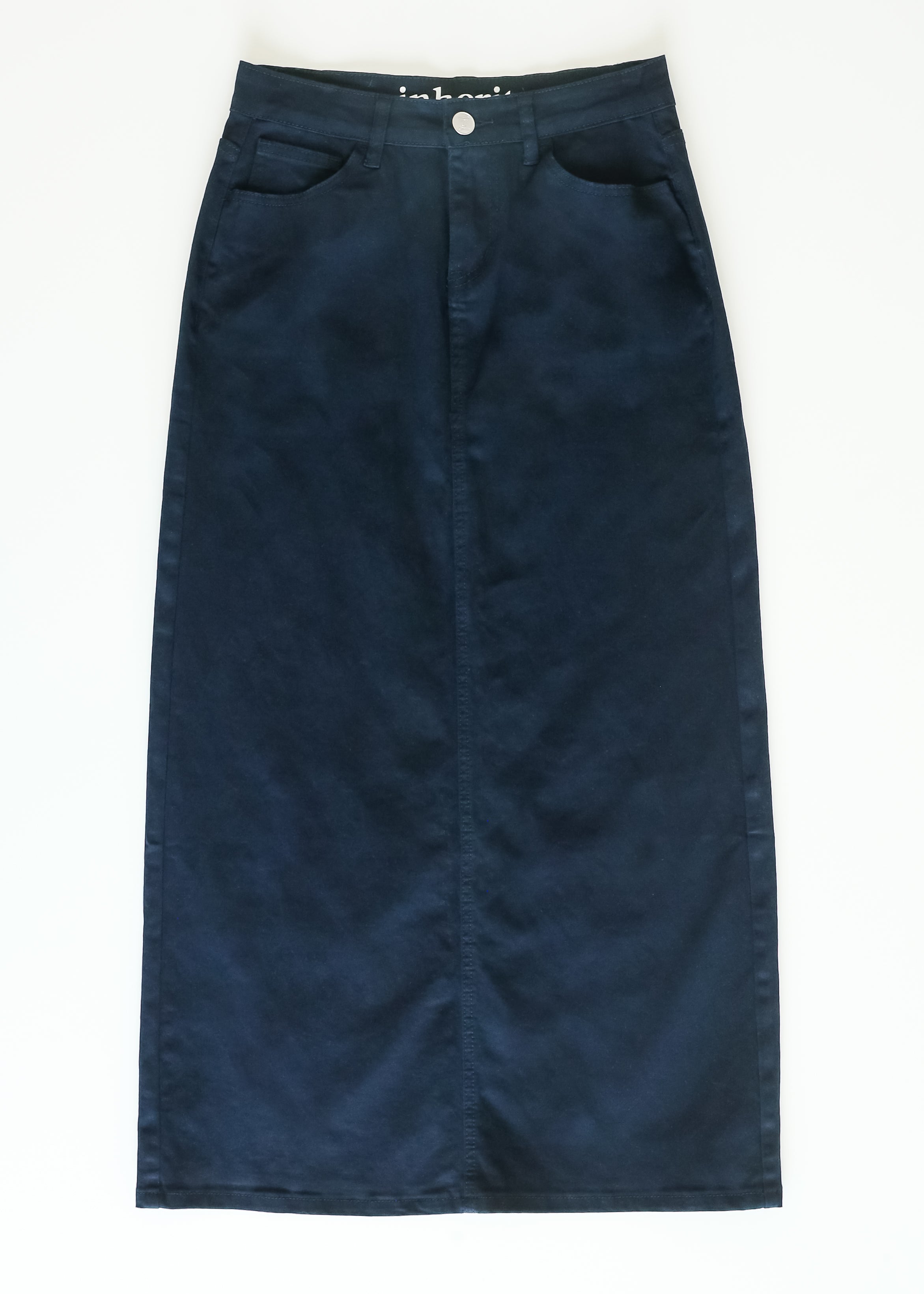 Inherit Co. Stella Navy Maxi Denim Skirt — fabric or material detail