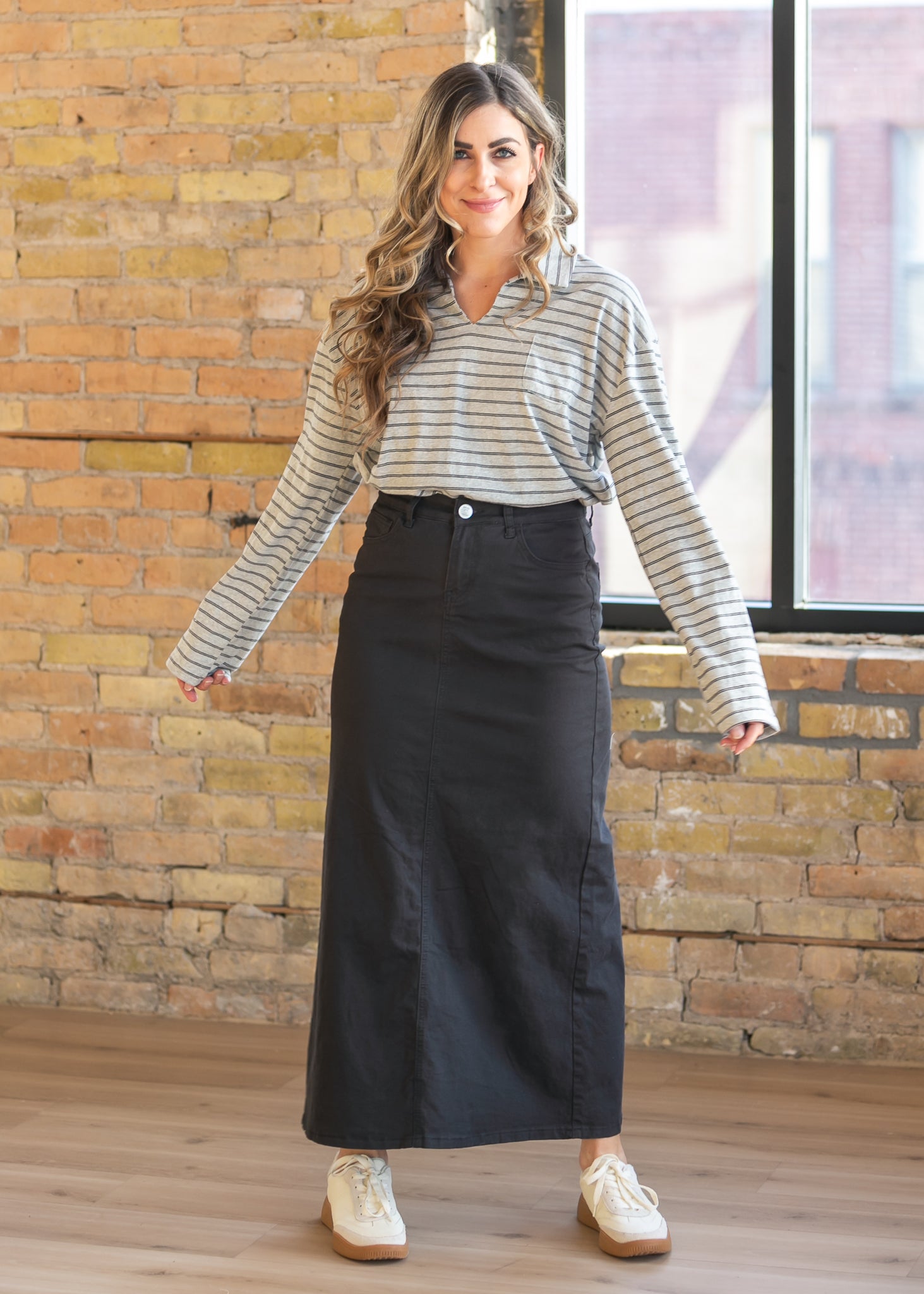 Inherit Co. Stella Onyx Black Denim Maxi Skirt — back view