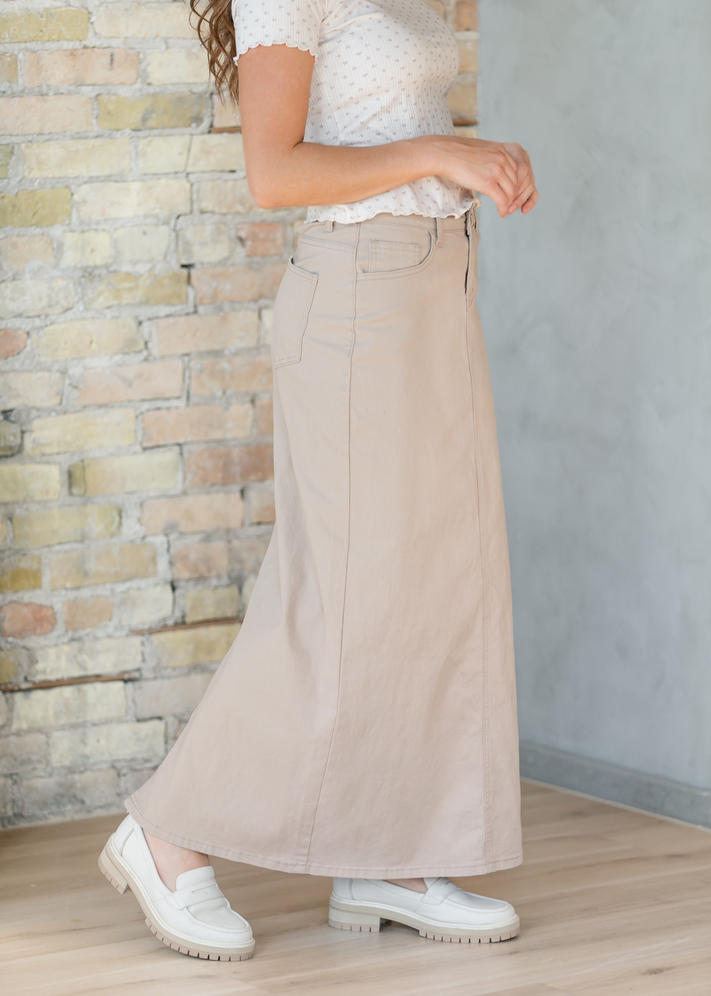 Inherit Co. Stella Simply Taupe Denim Maxi Skirt — detail close-up