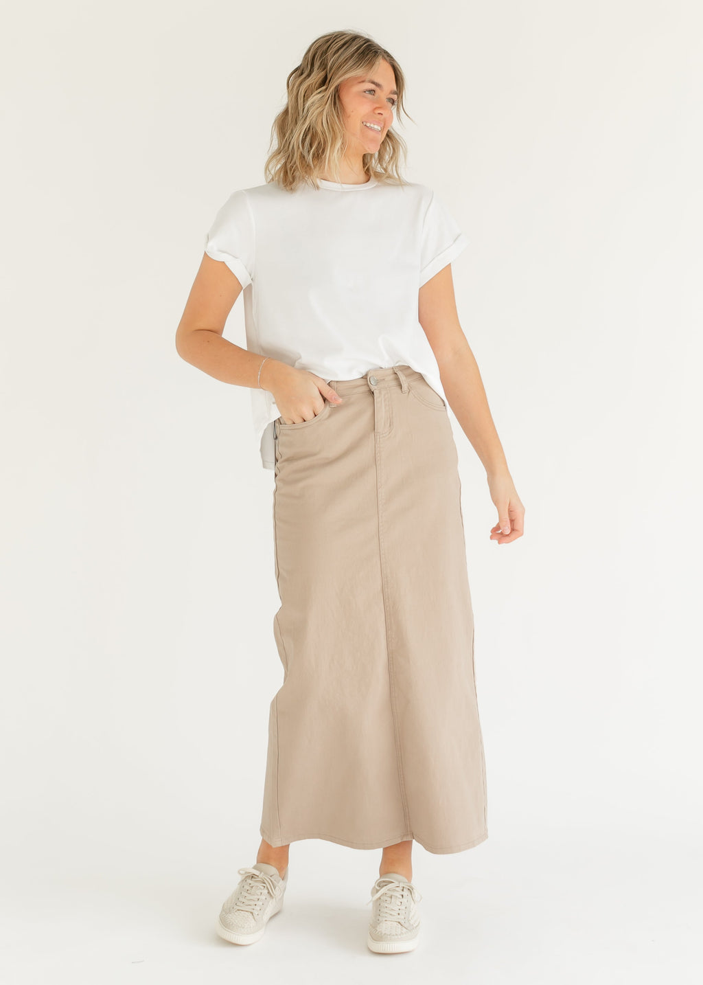 Inherit Co. Stella Simply Taupe Denim Maxi Skirt — alternative angle