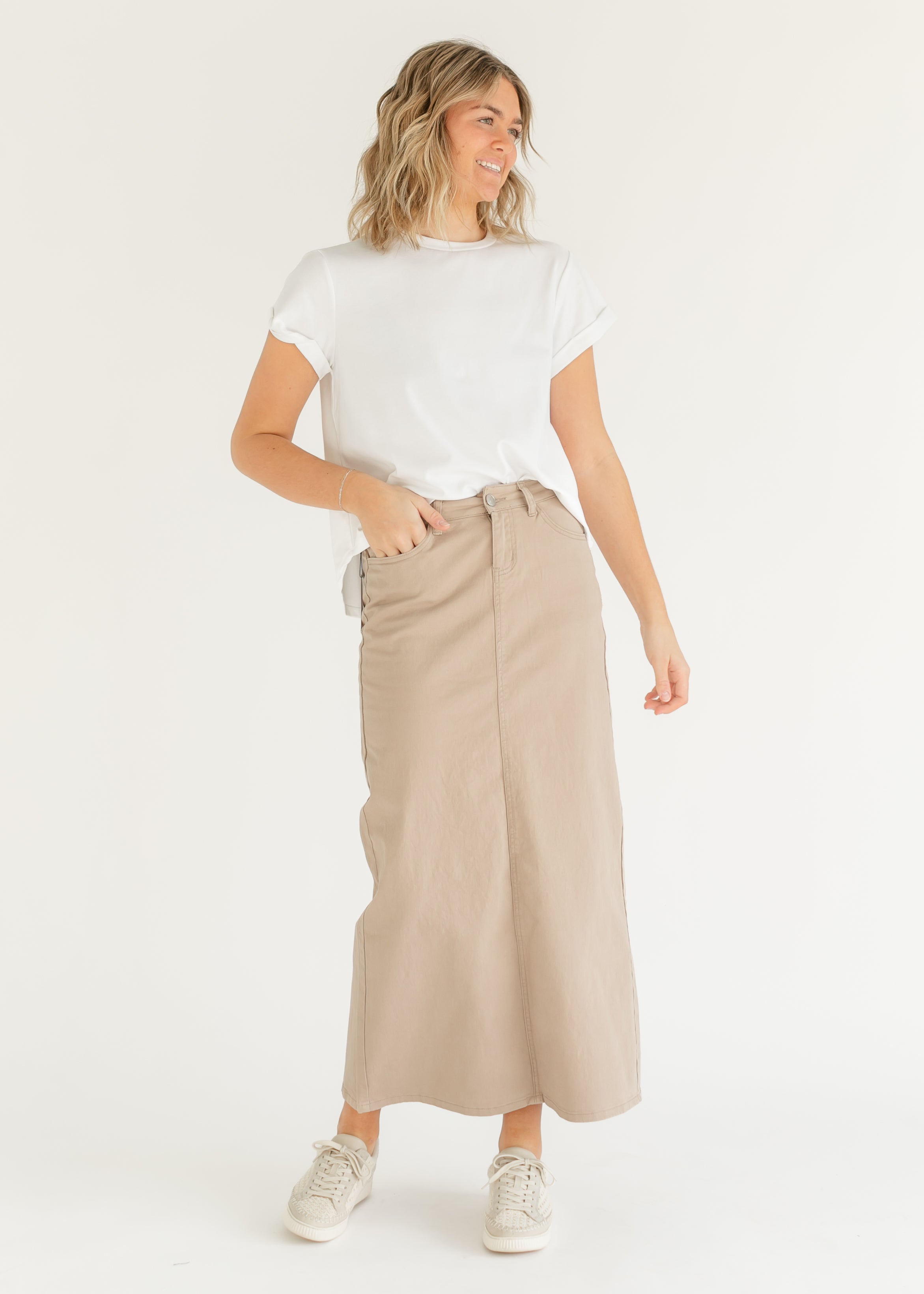 Inherit Co. Stella Simply Taupe Denim Maxi Skirt — alternative angle