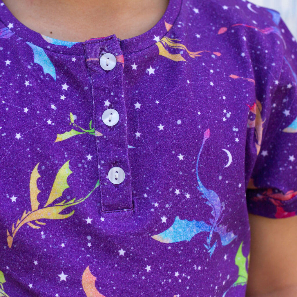 Princess Awesome & Boy Wonder "Star Fire" Stellar Dragons Henley Short Sleeve Tee — Short Sleeve detail