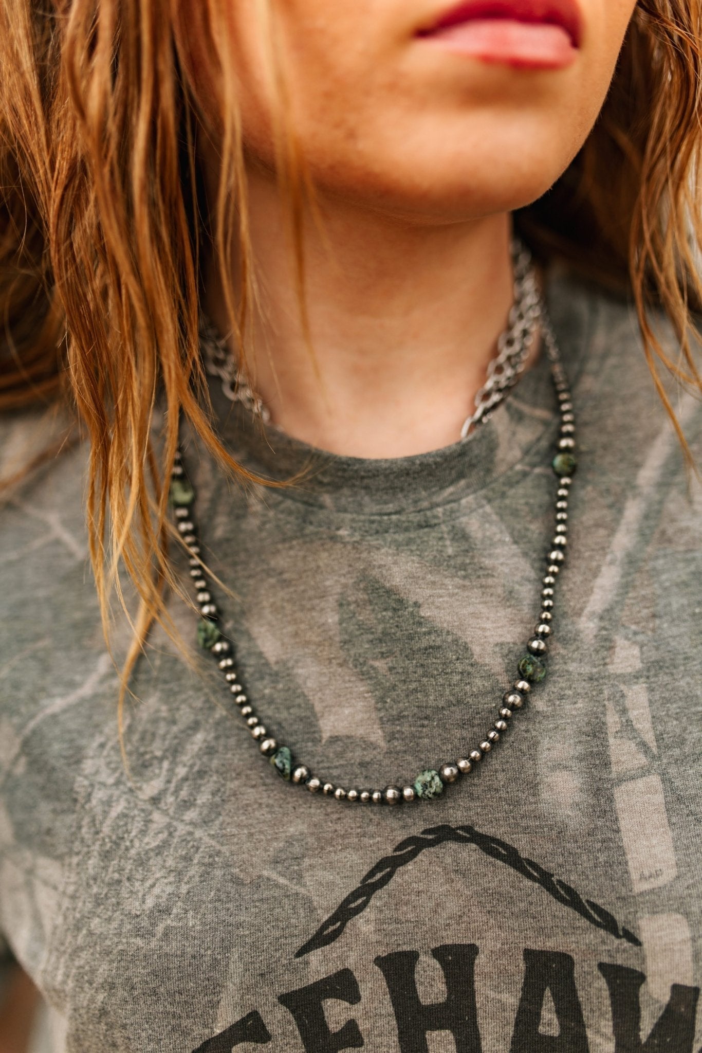 Wild Junkie Silver Beads Turquoise Flats Beaded Necklace — lifestyle context