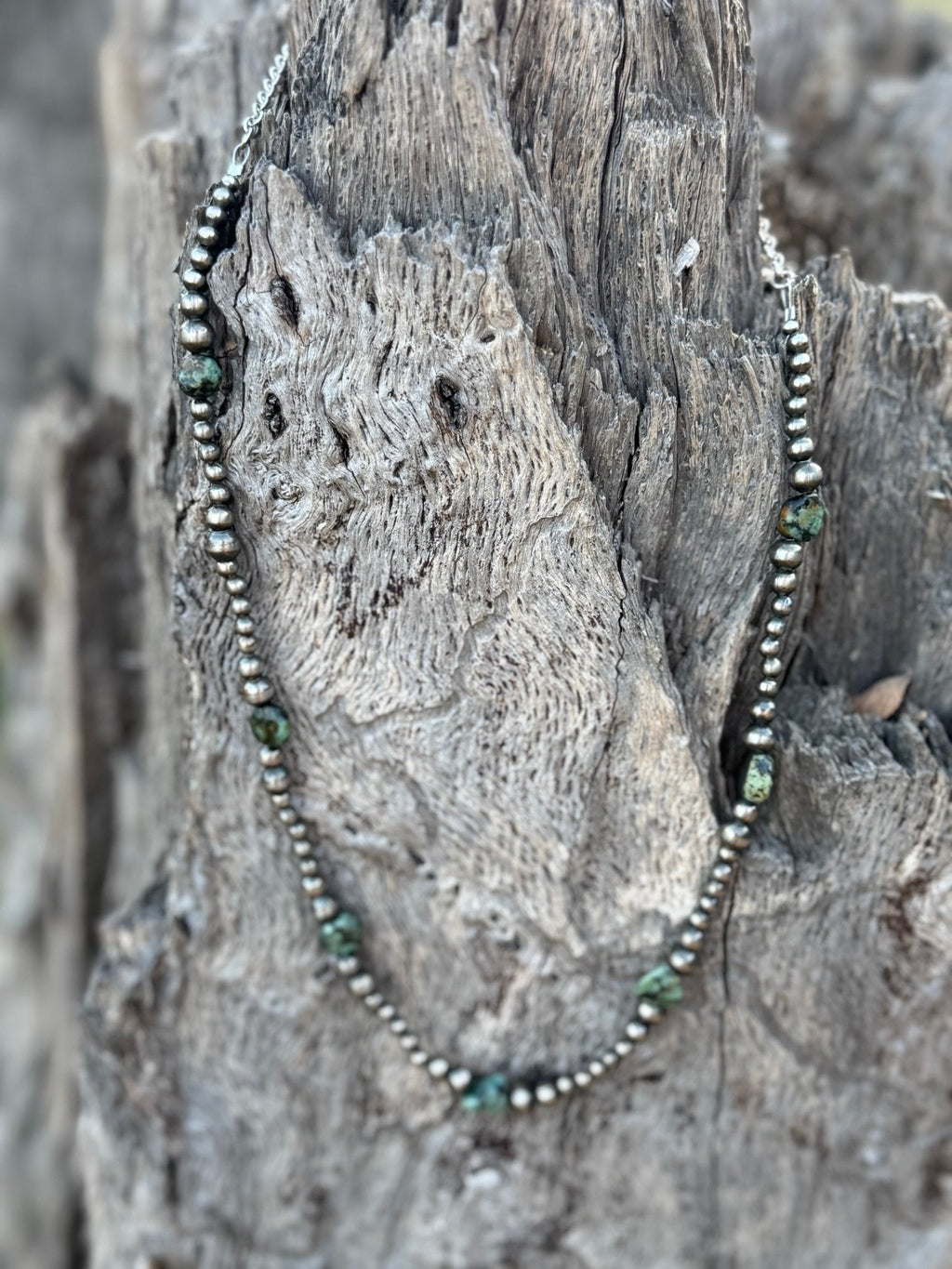 Wild Junkie Silver Beads Turquoise Flats Beaded Necklace — detail close-up