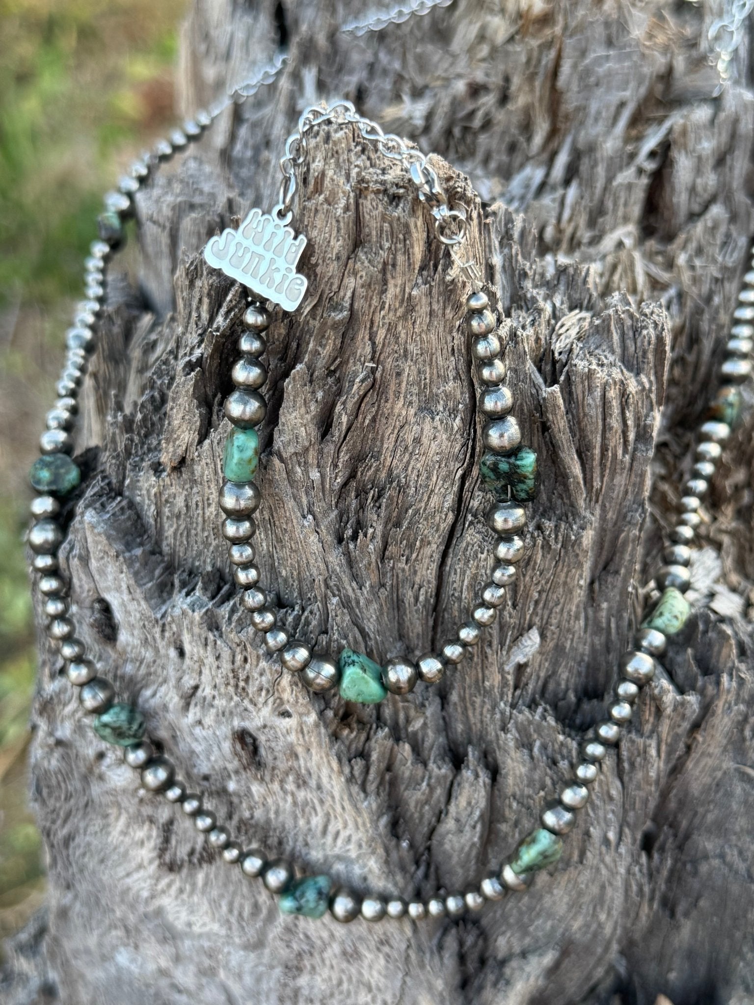Wild Junkie Silver Beads Turquoise Flats Beaded Necklace — main product shot