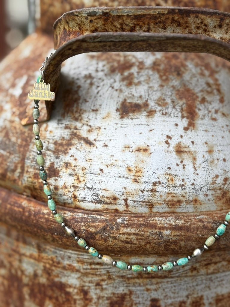 Wild Junkie Sterling Silver Wild Spur Turquoise Beaded Necklace — detail close-up