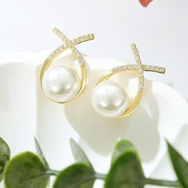 SORI STYLE Elegant Gold Plated Pearl Stud Cross Earrings — back view