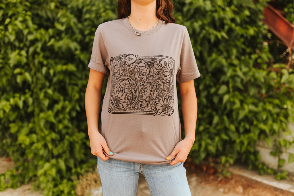 Wild Junkie Sunflower Engraved Graphic Tee — Wild Junkie branding close-up