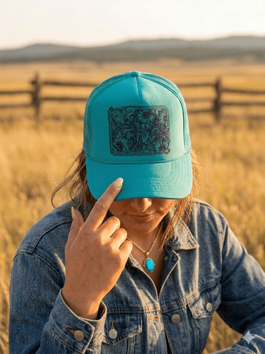 Wild Junkie Sunflower Tooled Leather Trucker Hat — lifestyle context