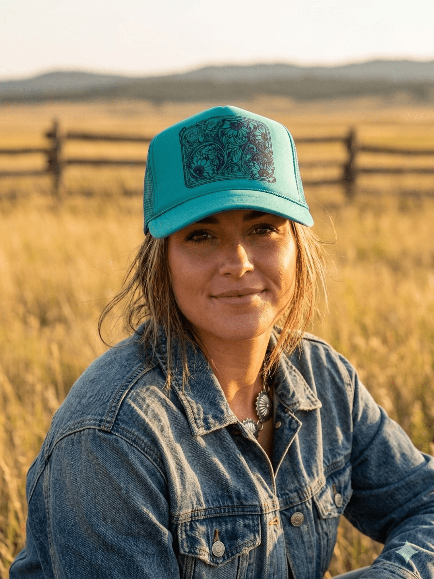 Wild Junkie Sunflower Tooled Leather Trucker Hat — detail close-up