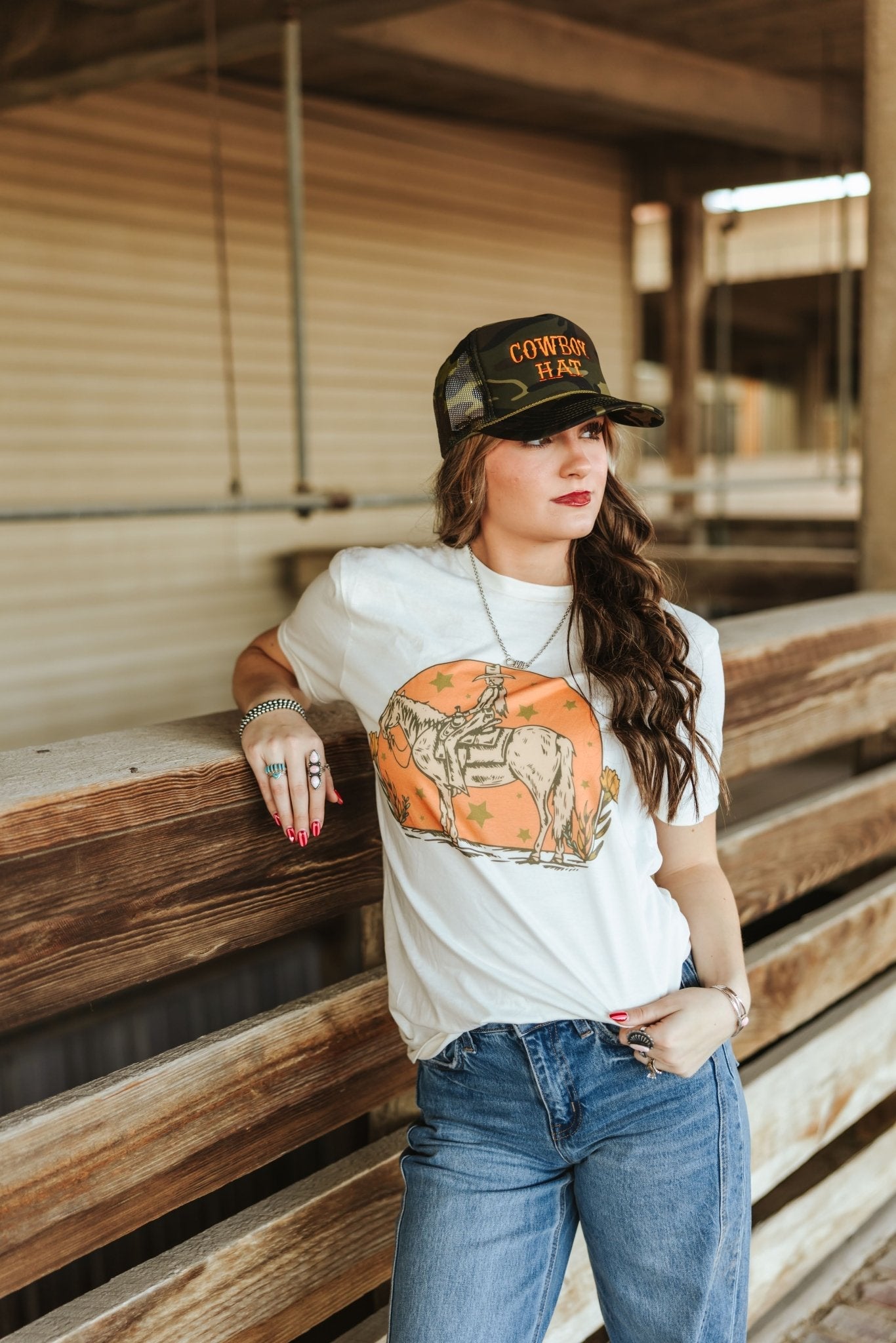 Wild Junkie Sunset Cowgirl Rider Graphic Tee — side view
