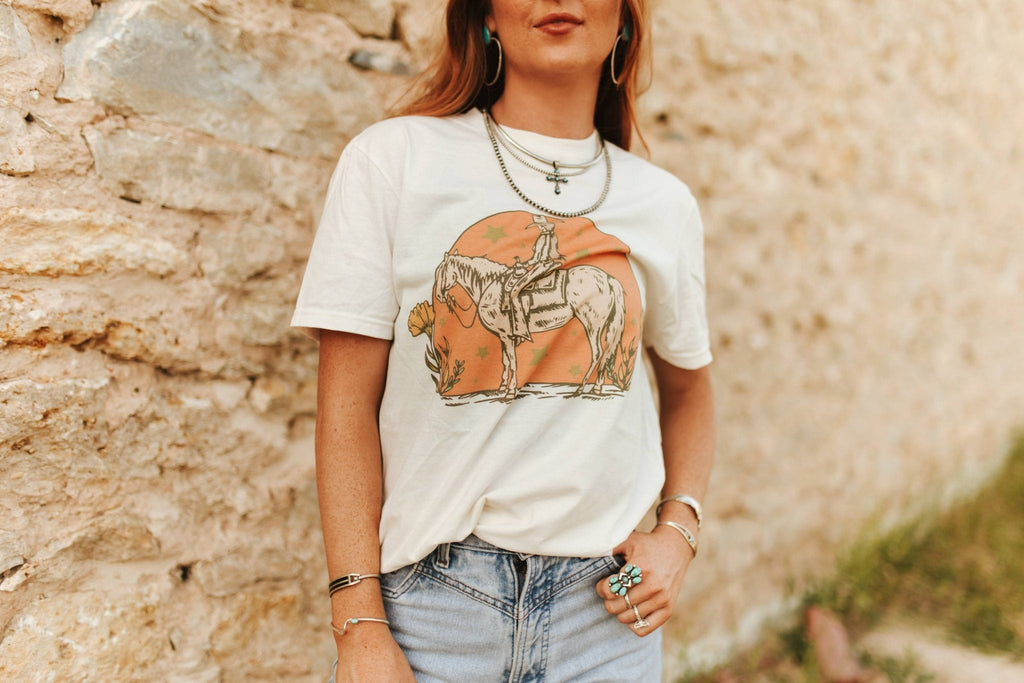 Wild Junkie Sunset Cowgirl Rider Graphic Tee — alternative angle