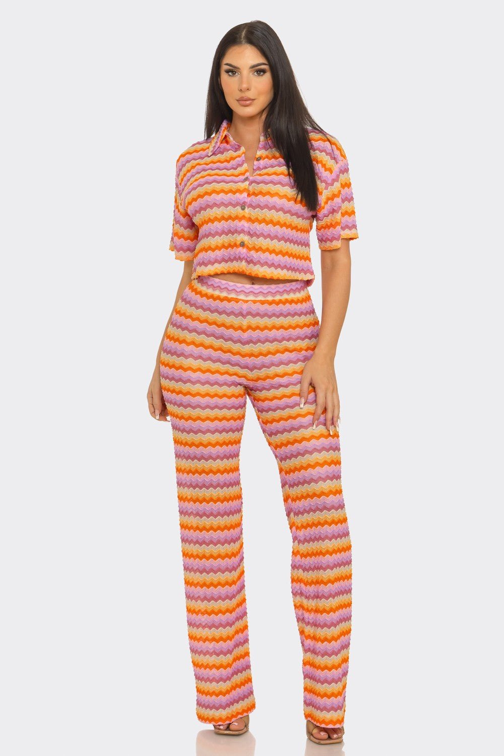 Riviera Crochet Stripe Button-Down Crop Shirt & Flare Pants Set