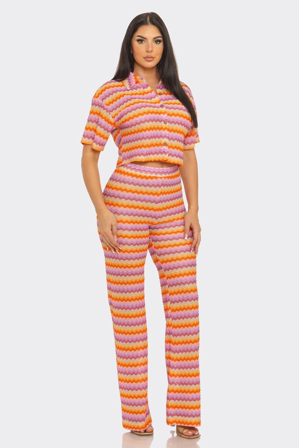 Riviera Crochet Stripe Button-Down Crop Shirt & Flare Pants Set