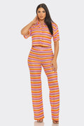 Riviera Crochet Stripe Button-Down Crop Shirt & Flare Pants Set