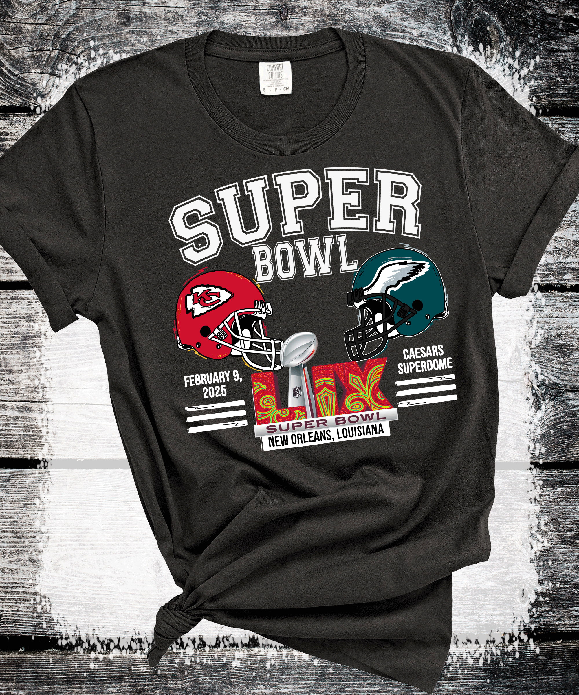 A Blessed Texas Mess Boutique Super Bowl Kansas City Football Eagles T-Shirt, New Orleans Football Tee, Game… — A Blessed Texas Mess Boutique branding close-up