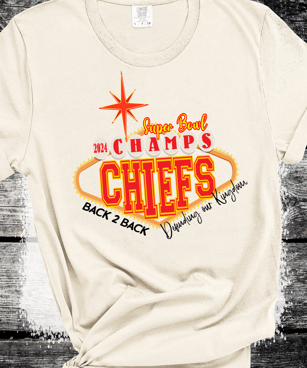 A Blessed Texas Mess Boutique 2024 Super Bowl Champions Vegas Chiefs Football Super Bowl 2024 Kansas City — A Blessed Texas Mess Boutique branding close-up