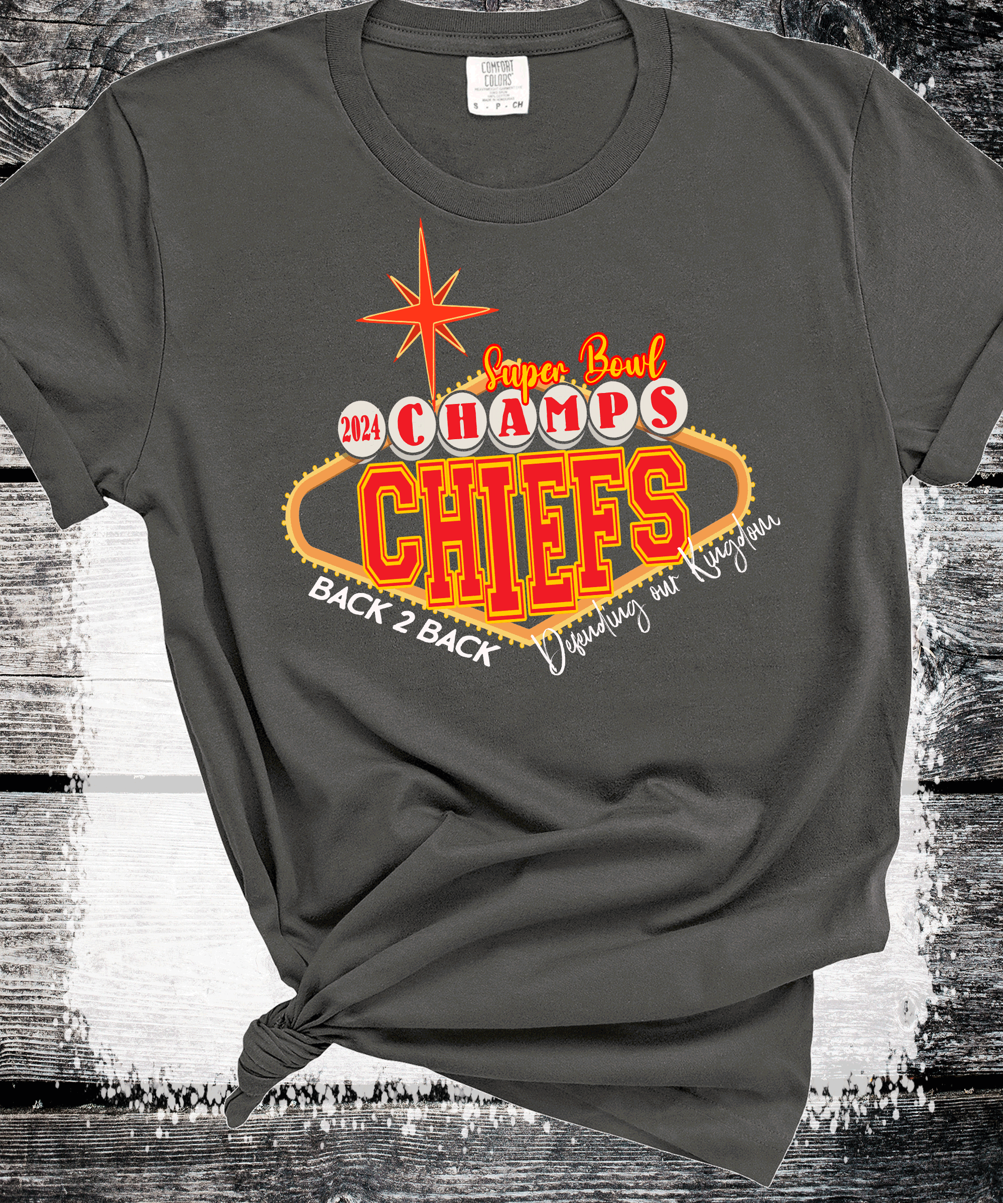 A Blessed Texas Mess Boutique 2024 Super Bowl Champions Vegas Chiefs Football Super Bowl 2024 Kansas City — lifestyle worn / used context