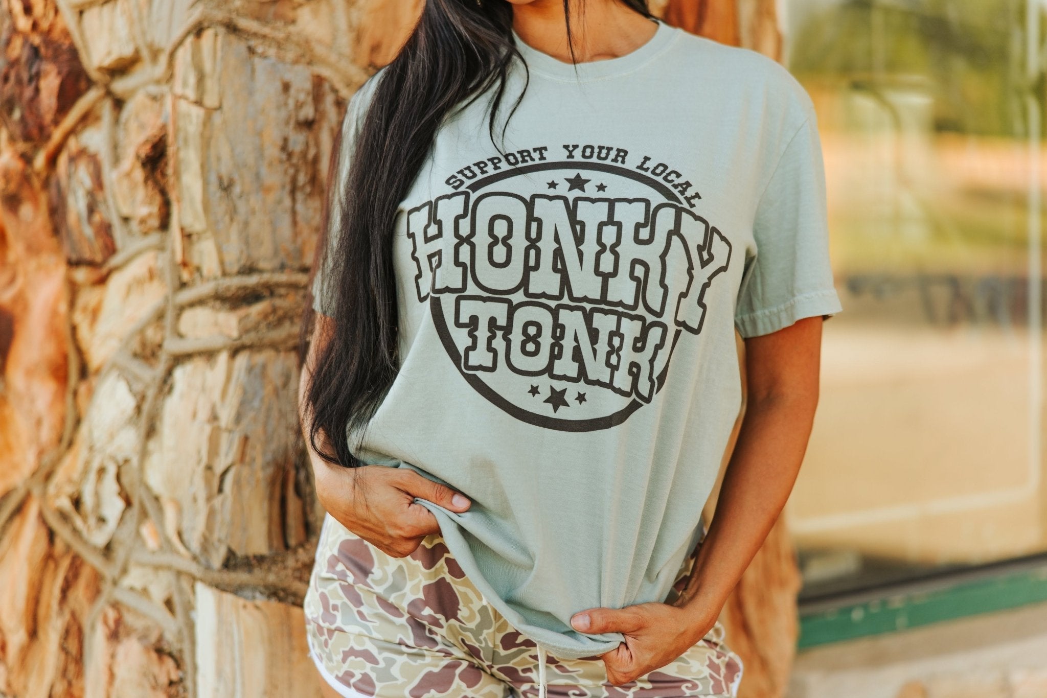Wild Junkie Support Local Honky Tonk Graphic Tee — Wild Junkie branding close-up