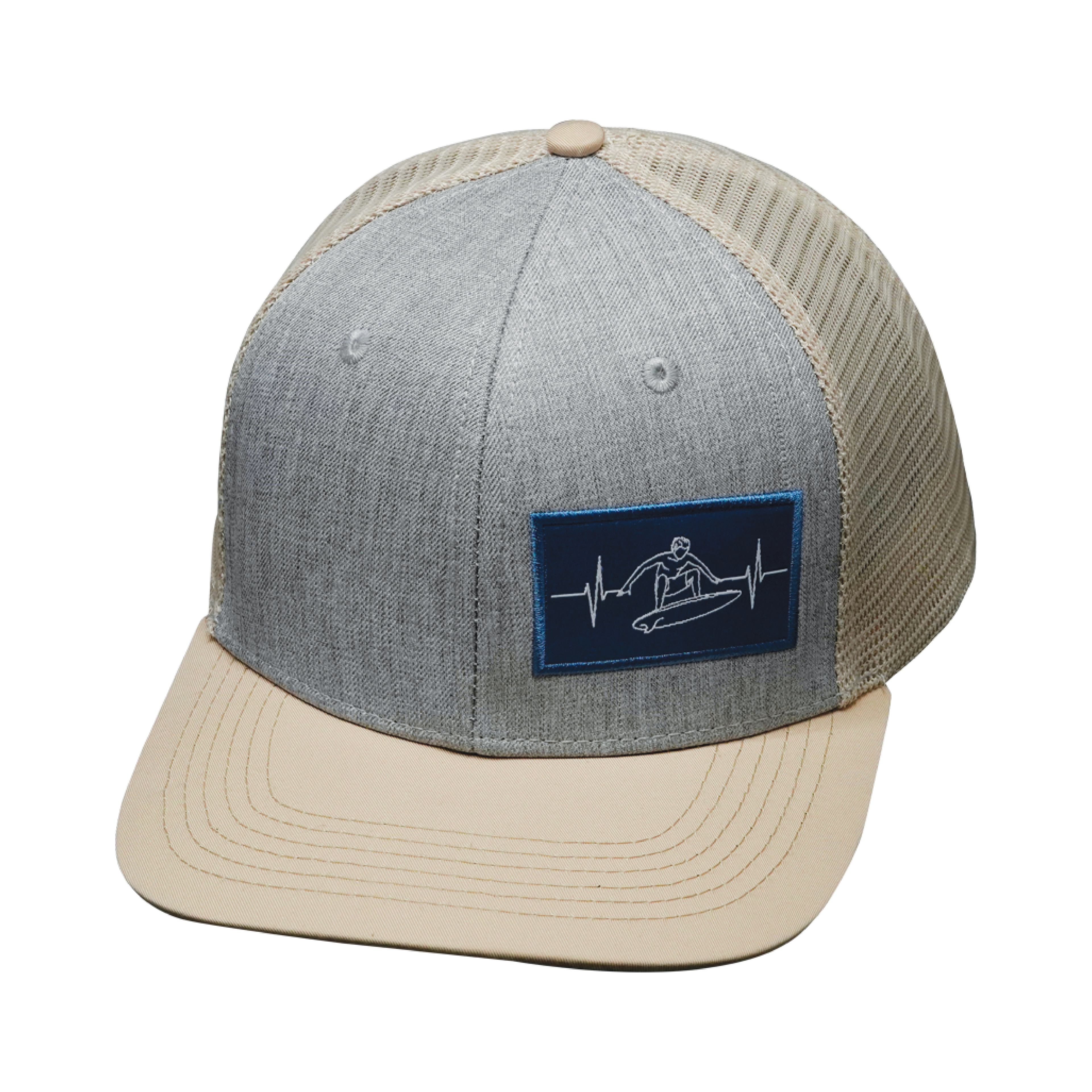 The Heartbeat Brand Surf Hat - Baseball Hat Fit - Cream / Gray - Trucker Mesh — lifestyle worn / used context