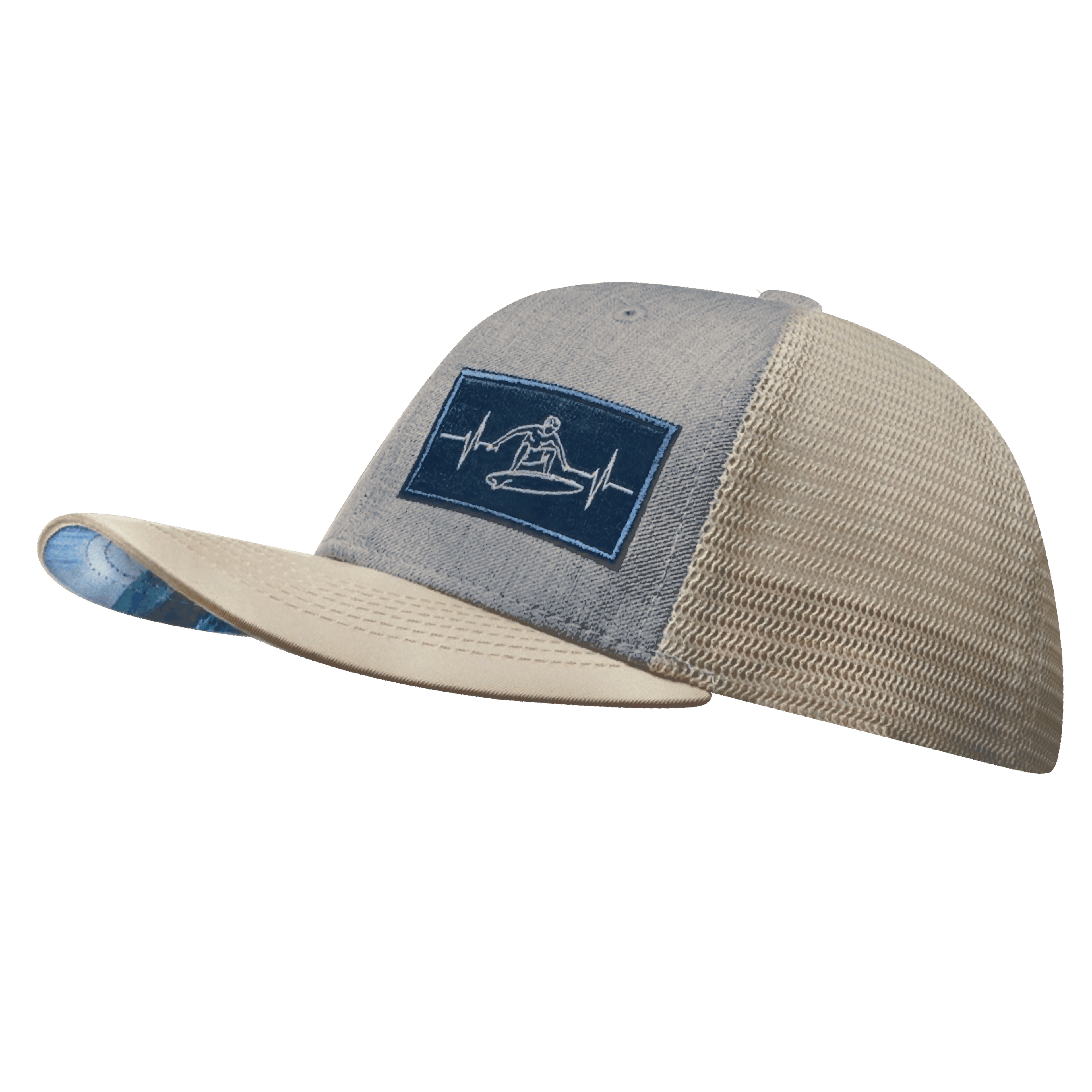 The Heartbeat Brand Surf Hat - Baseball Hat Fit - Cream / Gray - Trucker Mesh — The Heartbeat Brand branding close-up