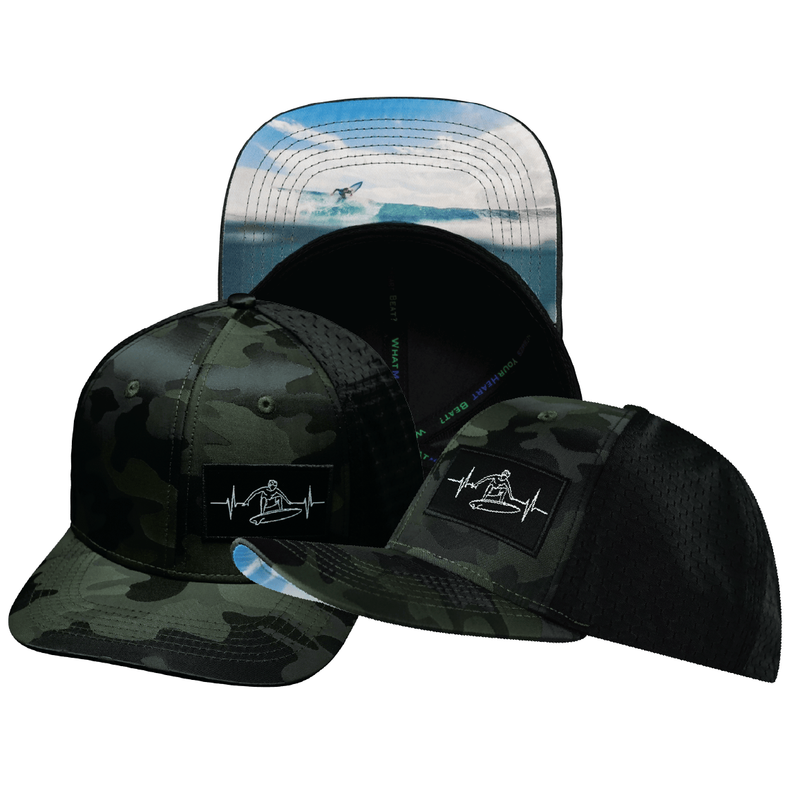 The Heartbeat Brand Surf Baseball Hat — Green Camo / Black — main product shot