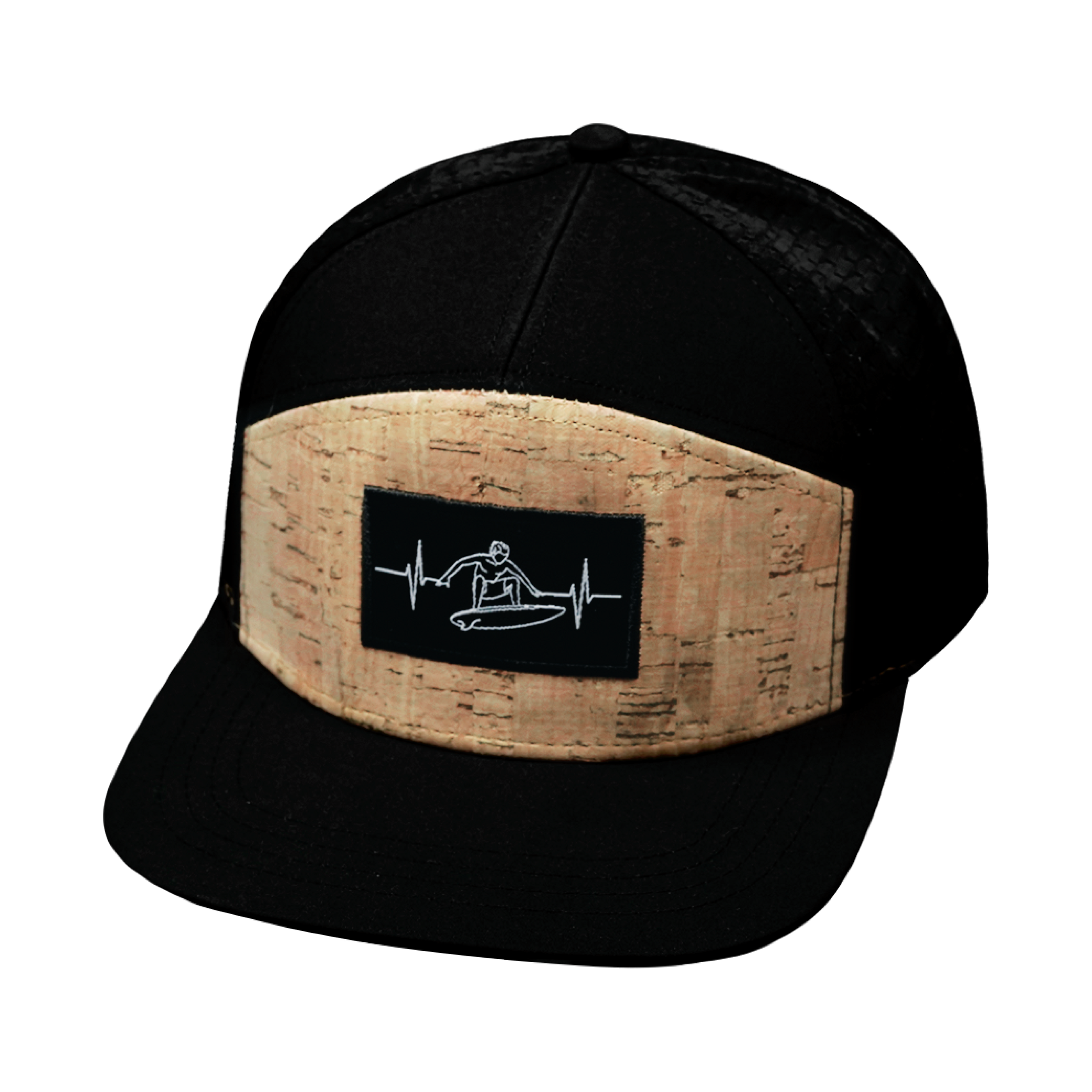 The Heartbeat Brand Surf Hat - Flat Bill - Cork - Black - Laser Mesh — lifestyle worn / used context