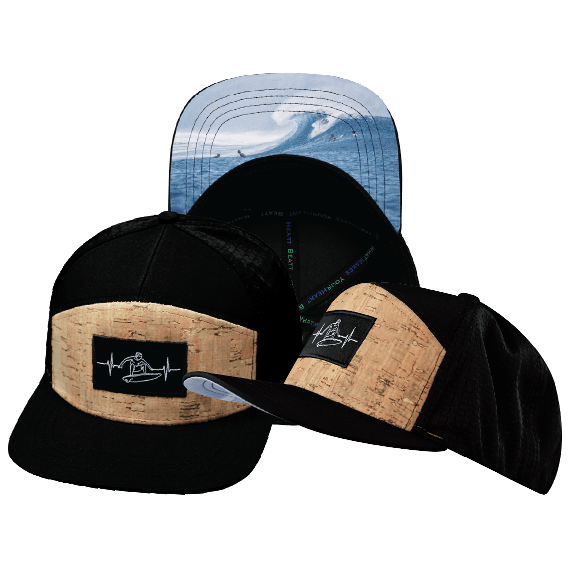 The Heartbeat Brand Surf Hat - Flat Bill - Cork - Black - Laser Mesh — main product shot